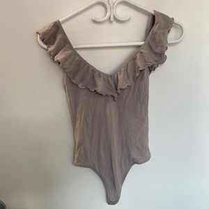 Wilfred Grey Danette Bodysuit Thong cut Ribbed Ruffle V-Neck - Small
